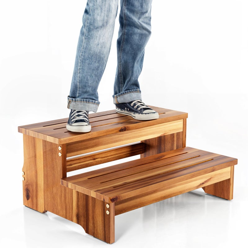 TINAMO 25" Long Step Stool for Adult & Kid - Acacia Wood Two Step Stool 500 Lbs - Wooden Riser 2-Step Spa & Hot Tub Stairs for Pool - Heavy Duty 2 Step Stools for Bed, Kitchen,Outdoor (Patent Pending) - Image 1