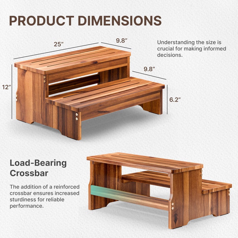 TINAMO 25" Long Step Stool for Adult & Kid - Acacia Wood Two Step Stool 500 Lbs - Wooden Riser 2-Step Spa & Hot Tub Stairs for Pool - Heavy Duty 2 Step Stools for Bed, Kitchen,Outdoor (Patent Pending) - Image 2