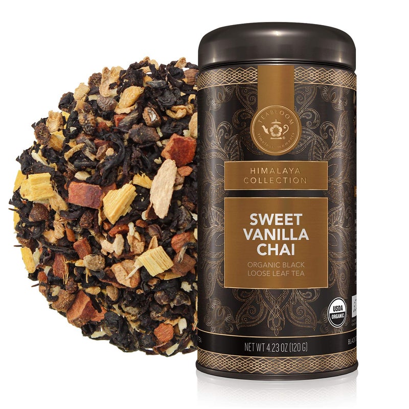 Teabloom Organic Black Tea, Sweet Vanilla Chai Loose Leaf Tea, Rich and Spicy Vanilla-Scented Blend, Exceptional USDA Organic Whole Leaf Blend, 3.53 Ounce Loose Leaf Tea Canister Makes 35-50 Cups - Image 1