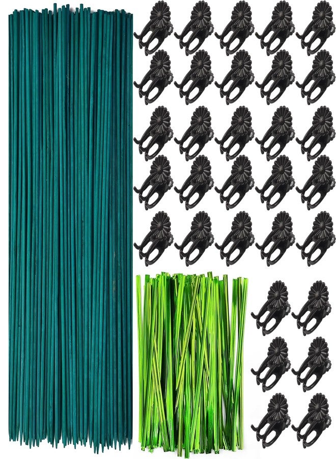 TIHOOD 200PCS/Set Bamboo Plant Stakes Kit, 50PCS Orchid Clips with 50PCS 18” Green Bamboo Plant Stakes, 100PCS Metallic Twist Ties for Supporting Stems Vines Stalks Grow Upright (Green) - Image 1