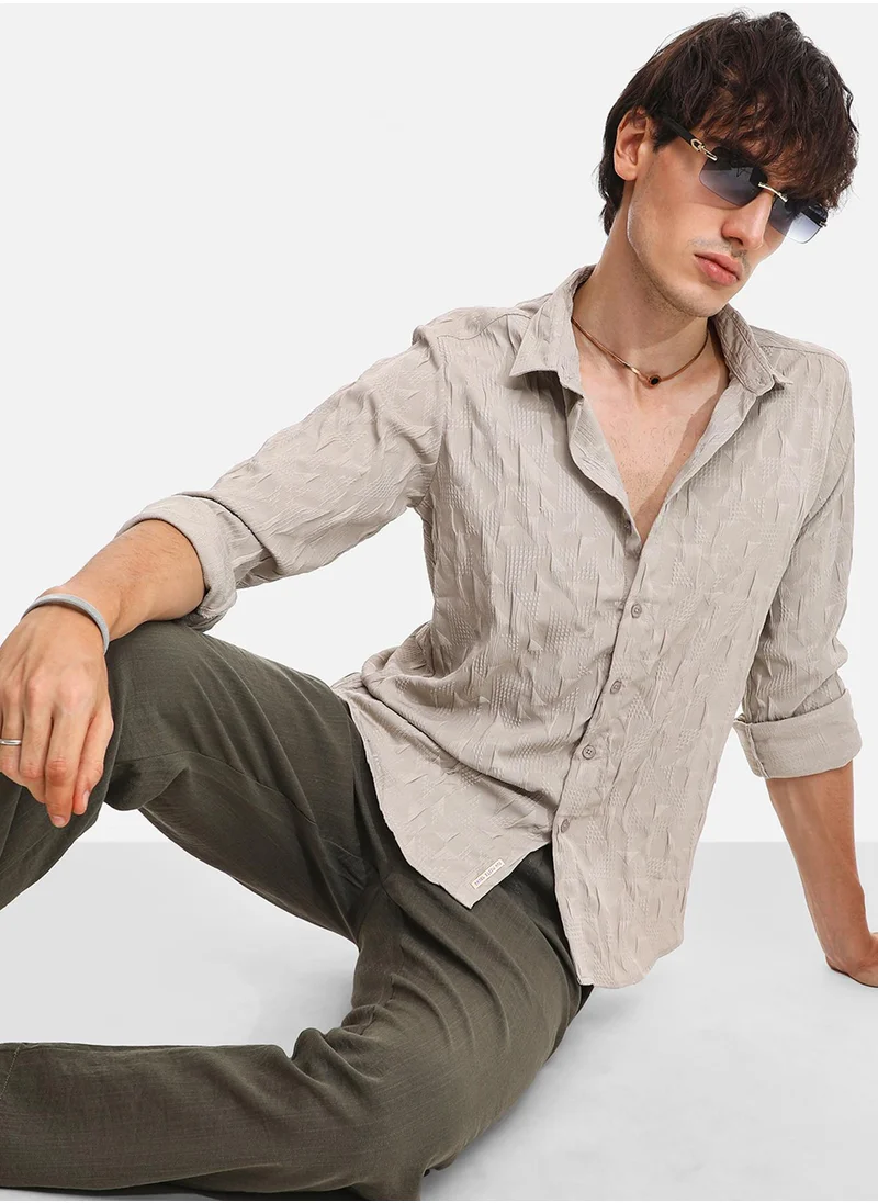 Campus Sutra Men's Greige Geometric-Texture Shirt