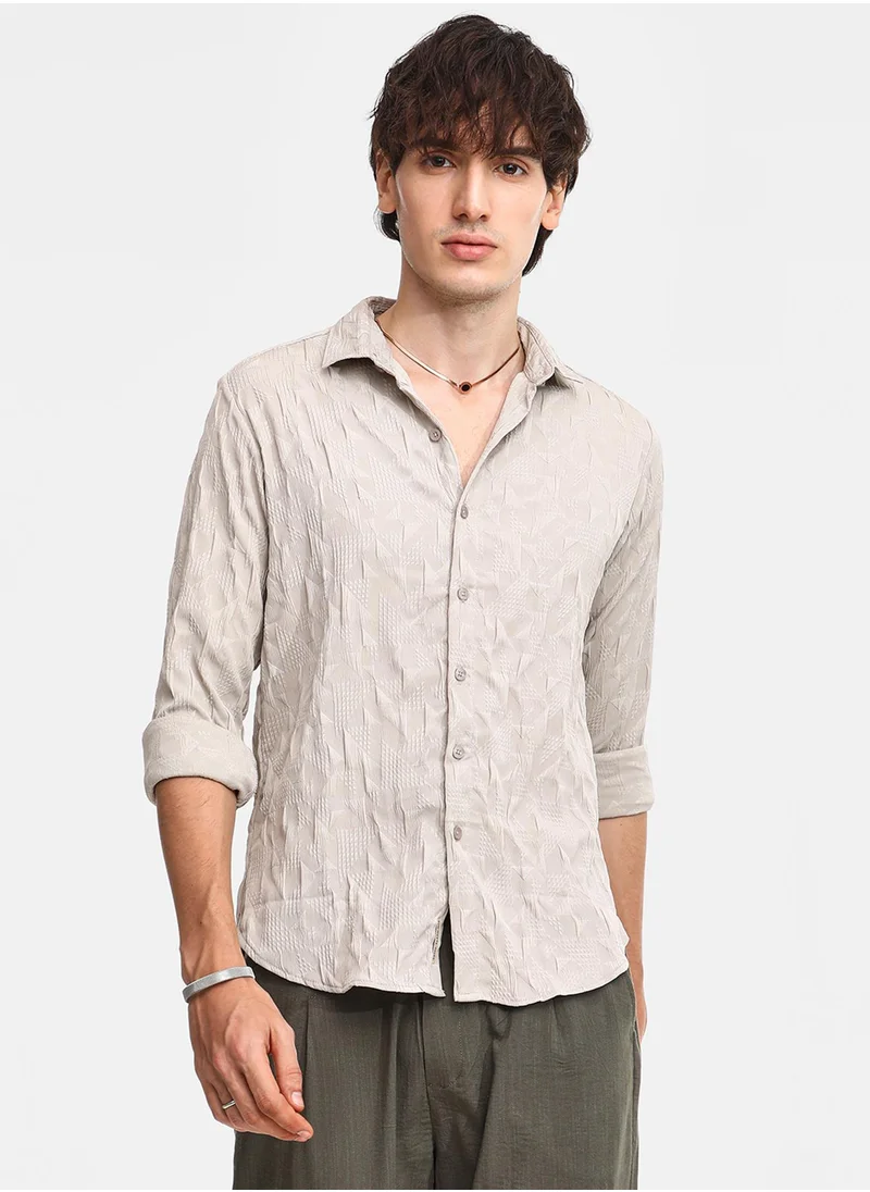 Campus Sutra Men's Greige Geometric-Texture Shirt