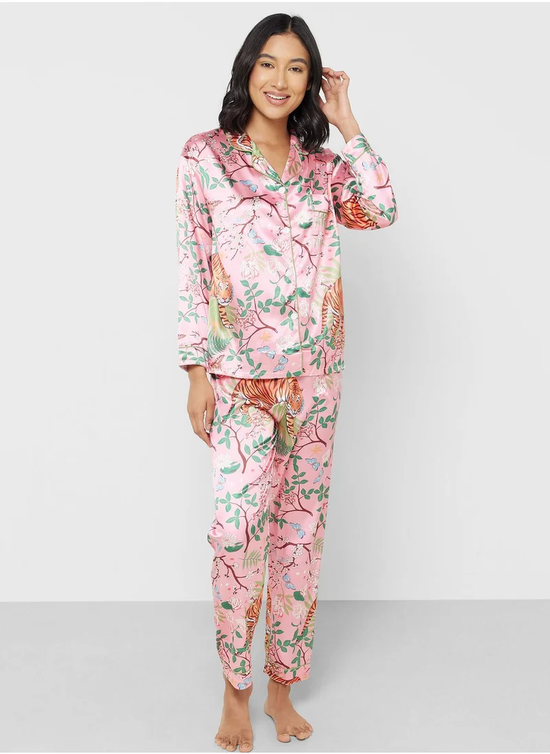 جينجر Printed Satin Shirt & Pyjama Set