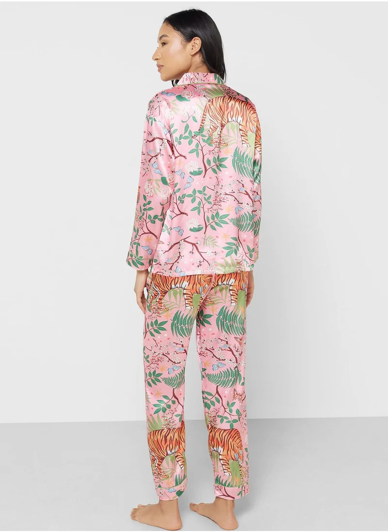 Ginger Printed Satin Shirt & Pyjama Set