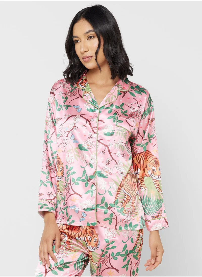 جينجر Printed Satin Shirt & Pyjama Set