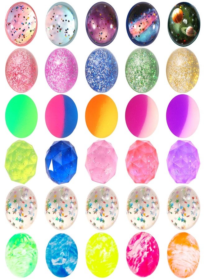 Pllieay بالياي 30 قطعة كرات قفز للأطفال، كرات قفز مطاطية متنوعة بحجم 32 مم مع حقيبة تخزين لهدايا الحفلات، هدايا عيد الميلاد وجوائز الصف (6 أنماط) - Image 1