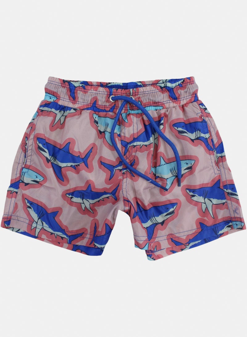 Boys Swim Trunks – Dusty Pink with Shark Print