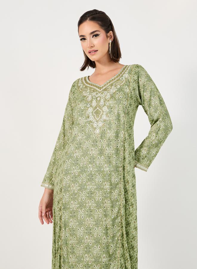 All-Over Print Embroidered A-Line Jalabiya