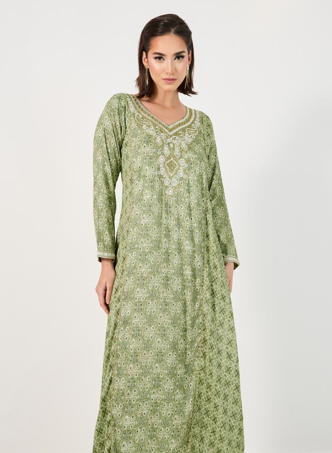 All-Over Print Embroidered A-Line Jalabiya