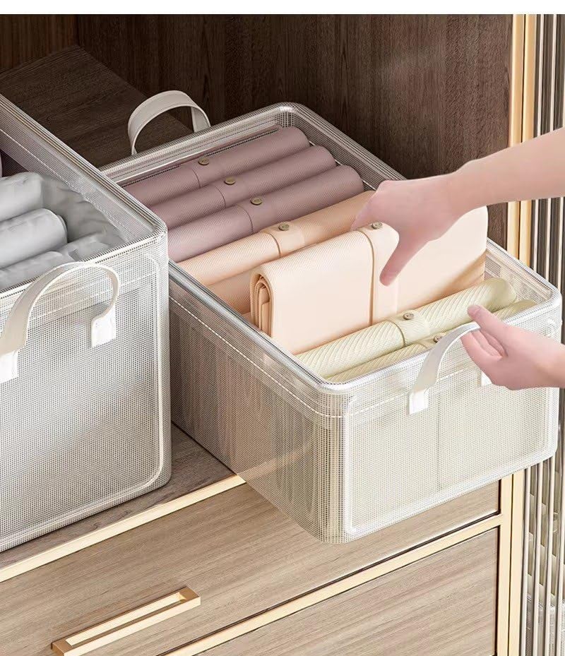 Homartel Homartel Pack of 1 Transparent Storage Organiser Box for Clothes with Steel Frame Handle Foldable Closet Basket for Wardrobe Cupboard Almirah Shelves Home  - Image 5