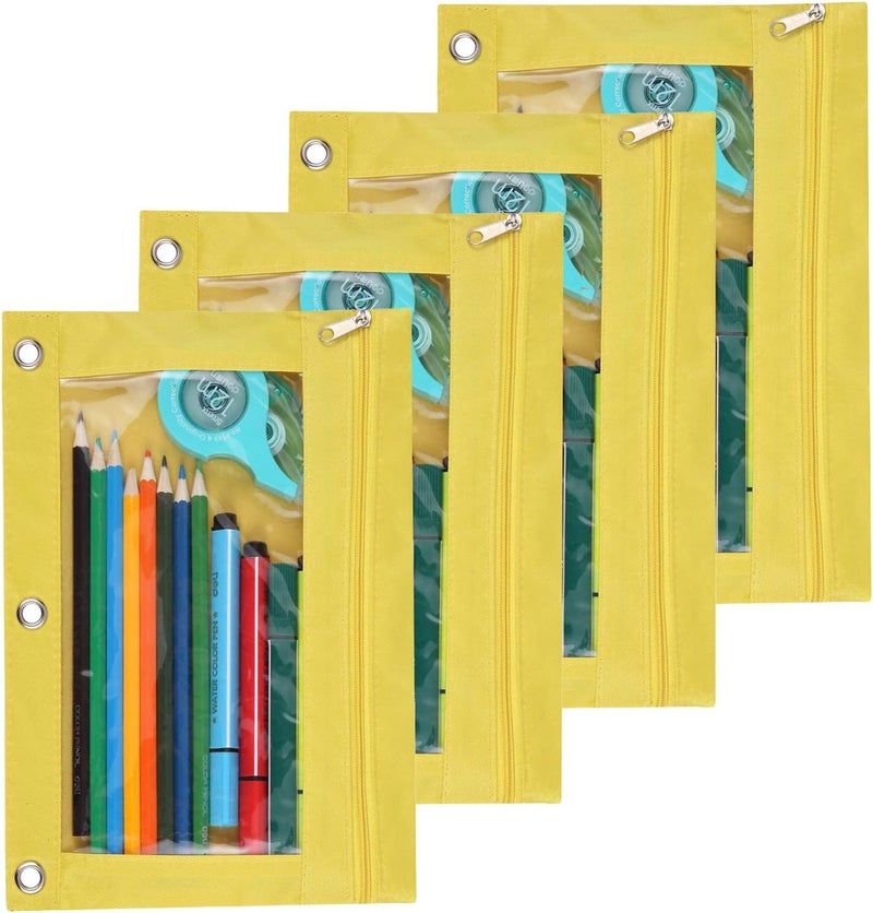 Binder Fabric Pencil Pouch 3-Ring Binder Pencil Case Bag with Zipper 4 Pack (yellow)