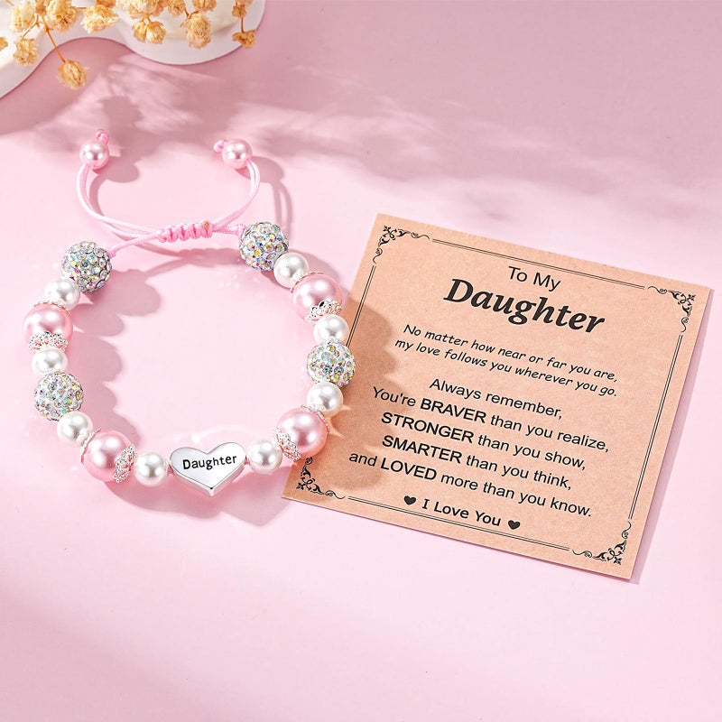 Esrial Daughter Granddaughter Gifts - Heart Natural Stone Beaded Bracelet for Girls, Christmas Valentines Easter Birthday Jewelry Gifts for Girls Daughter Granddaughterï¼ˆPink&Pearlï¼‰ - Image 2