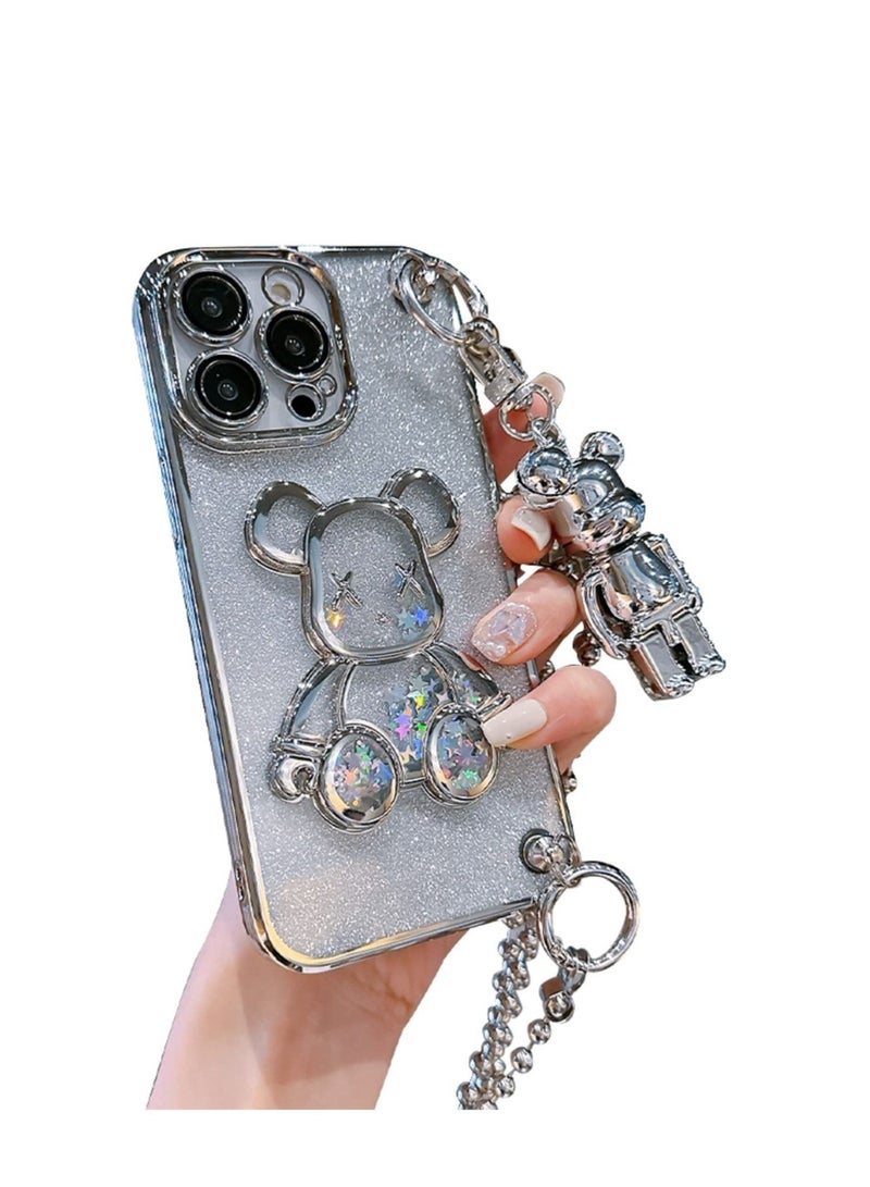 كابتن تيك Electroplated iPhone Case for iPhone 14 Pro Max 6.7" with Metal Lanyard Bell Pendant and Bear Doll,Clear Glitter Sparkly Bear Slim Shockproof Full Body Protecive Case with Camera Protector - Image 1