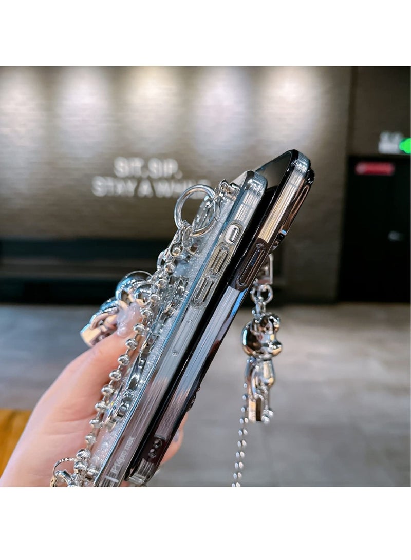 كابتن تيك Electroplated iPhone Case for iPhone 14 Pro Max 6.7" with Metal Lanyard Bell Pendant and Bear Doll,Clear Glitter Sparkly Bear Slim Shockproof Full Body Protecive Case with Camera Protector - Image 2