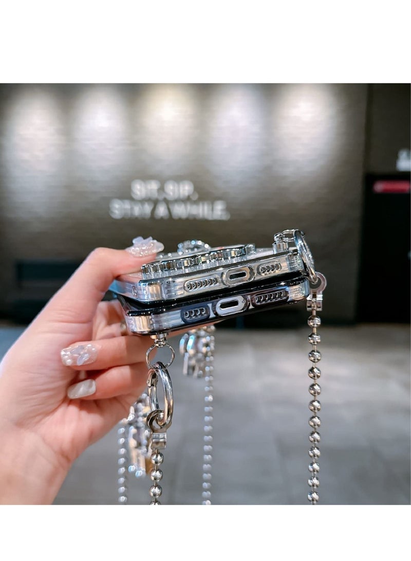 كابتن تيك Electroplated iPhone Case for iPhone 14 Pro Max 6.7" with Metal Lanyard Bell Pendant and Bear Doll,Clear Glitter Sparkly Bear Slim Shockproof Full Body Protecive Case with Camera Protector - Image 3
