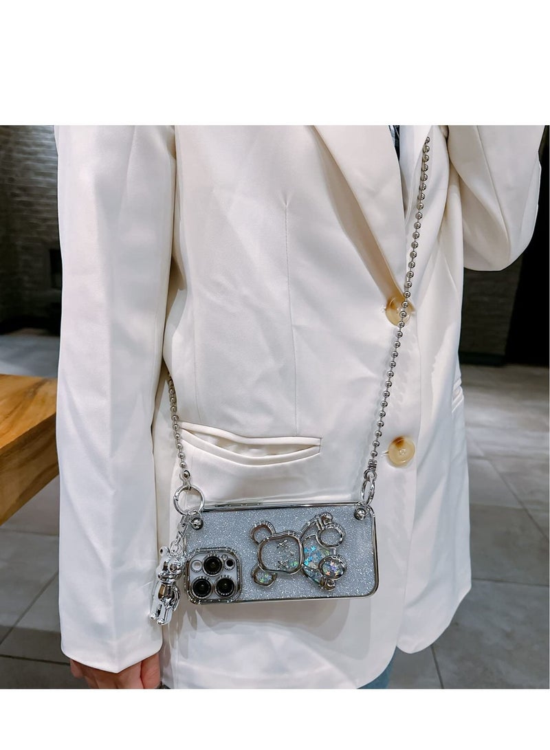 كابتن تيك Electroplated iPhone Case for iPhone 14 Pro Max 6.7" with Metal Lanyard Bell Pendant and Bear Doll,Clear Glitter Sparkly Bear Slim Shockproof Full Body Protecive Case with Camera Protector - Image 4
