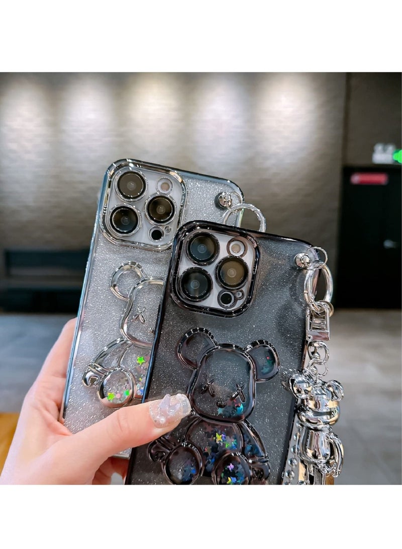 كابتن تيك Electroplated iPhone Case for iPhone 14 Pro Max 6.7" with Metal Lanyard Bell Pendant and Bear Doll,Clear Glitter Sparkly Bear Slim Shockproof Full Body Protecive Case with Camera Protector - Image 5