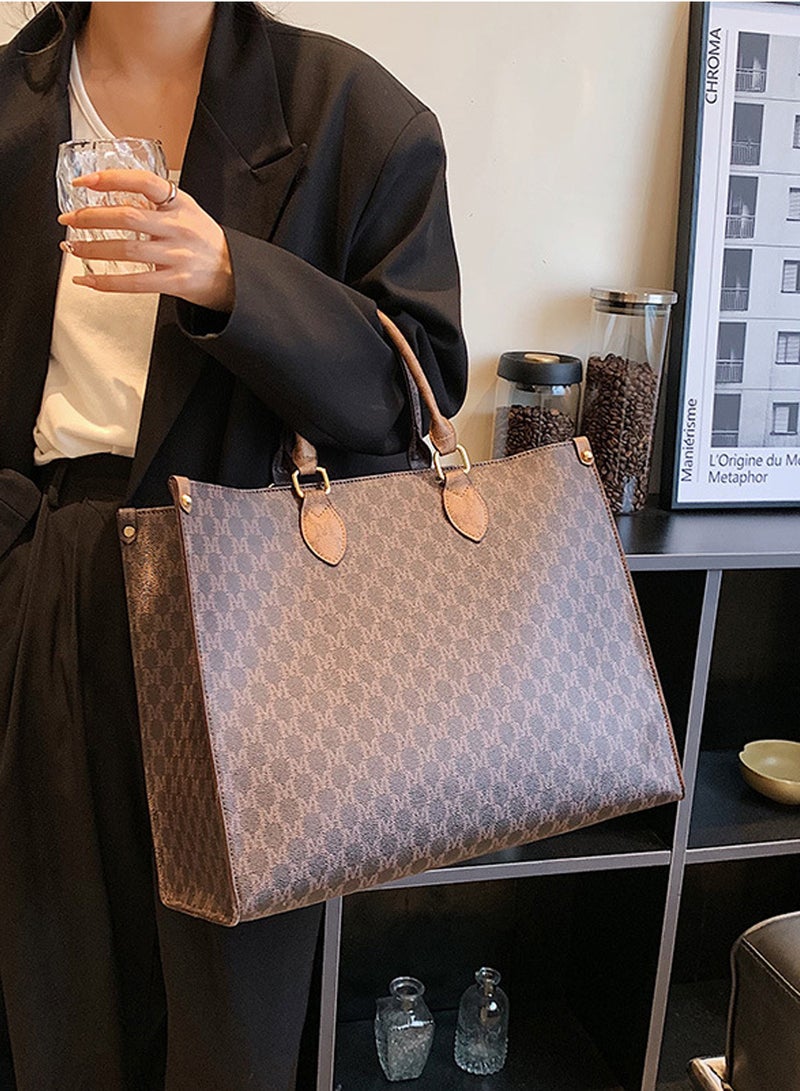Moovant Stylish Vintage Printed Tote Bag PU Leather Shoulder Bag Large Capacity Handbag for Women Brown  - Image 2