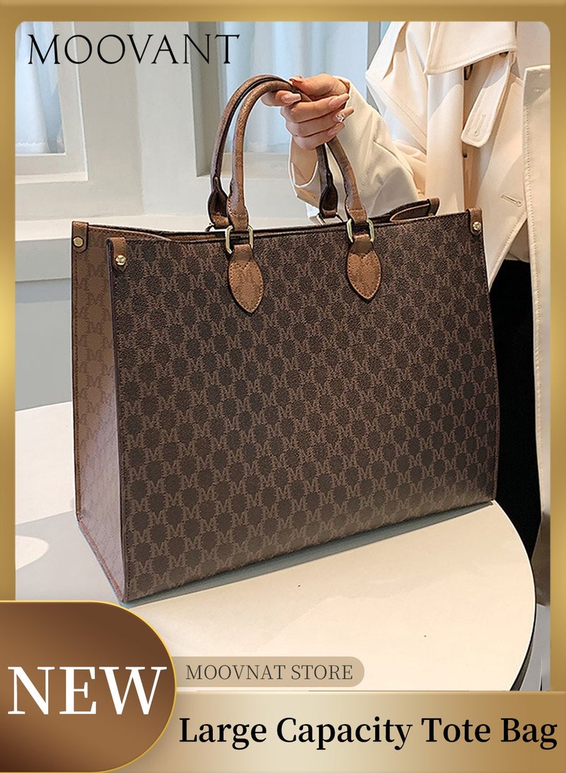 Moovant Stylish Vintage Printed Tote Bag PU Leather Shoulder Bag Large Capacity Handbag for Women Brown  - Image 1
