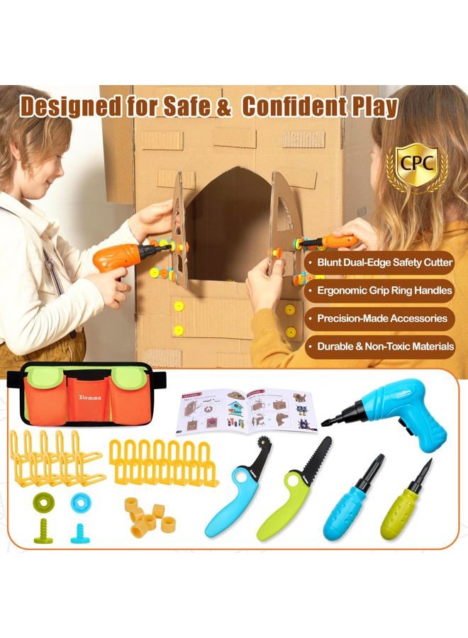 ZLemma Kids Cardboard Tool Kit- 258 Piece Cardboard Construction Toolbox – with Drill, Safety Saw, Scorer, Hinges & Bolt, Portable Waist Bag, Gift Box for Creative DIY Projects - Image 4