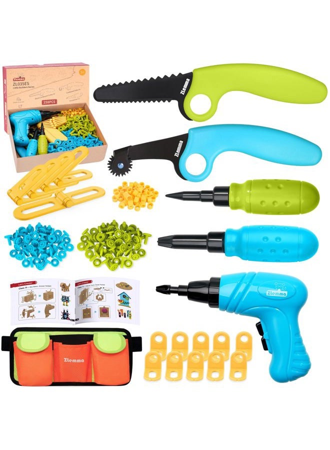 ZLemma Kids Cardboard Tool Kit- 258 Piece Cardboard Construction Toolbox – with Drill, Safety Saw, Scorer, Hinges & Bolt, Portable Waist Bag, Gift Box for Creative DIY Projects - Image 1