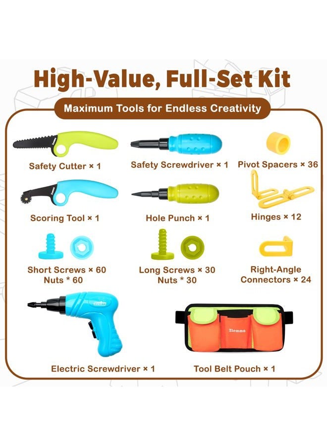 ZLemma Kids Cardboard Tool Kit- 258 Piece Cardboard Construction Toolbox – with Drill, Safety Saw, Scorer, Hinges & Bolt, Portable Waist Bag, Gift Box for Creative DIY Projects - Image 3