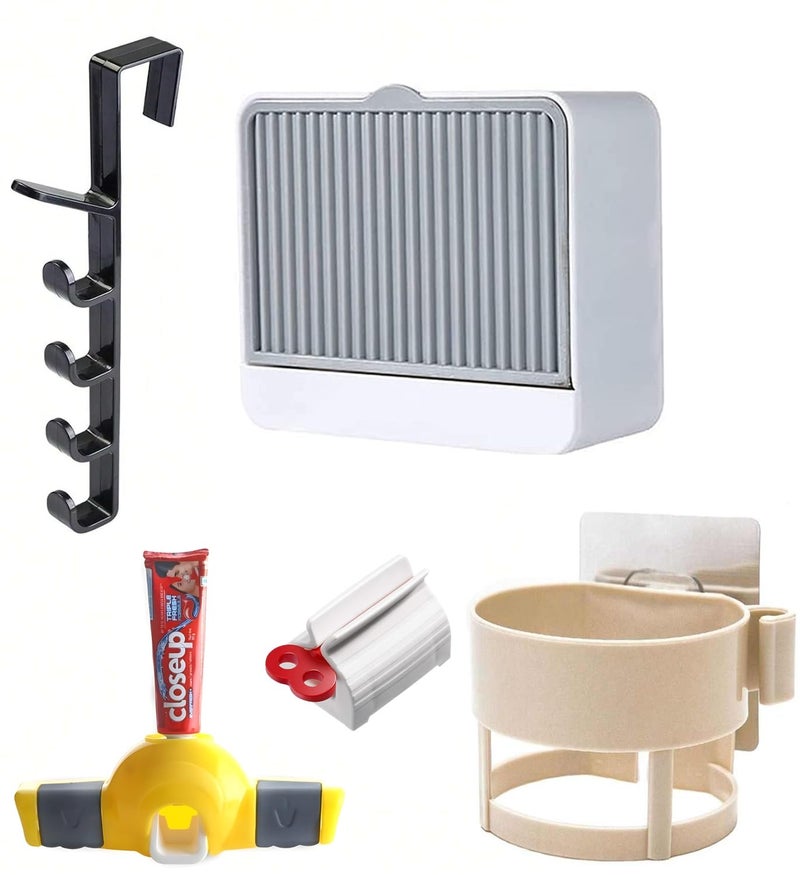 GTC GTC Combo MultiFunction Bathroom Accessories Door Hanging Hook Hair Dryer Holder Rack with Toothpaste Toothbrush Dispenser Holder Plastic Rolling Tube Squeezer and Soap Holder SB20 - Image 1