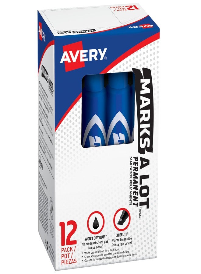 ماركس-أ-لوت أقلام تحديد دائمة من Avery Marks-A-Lot، حجم عادي مناسب للمكتب، رأس مشطوف، مقاومة للماء والتآكل، 12 قلم تحديد أزرق (07886) - Image 1