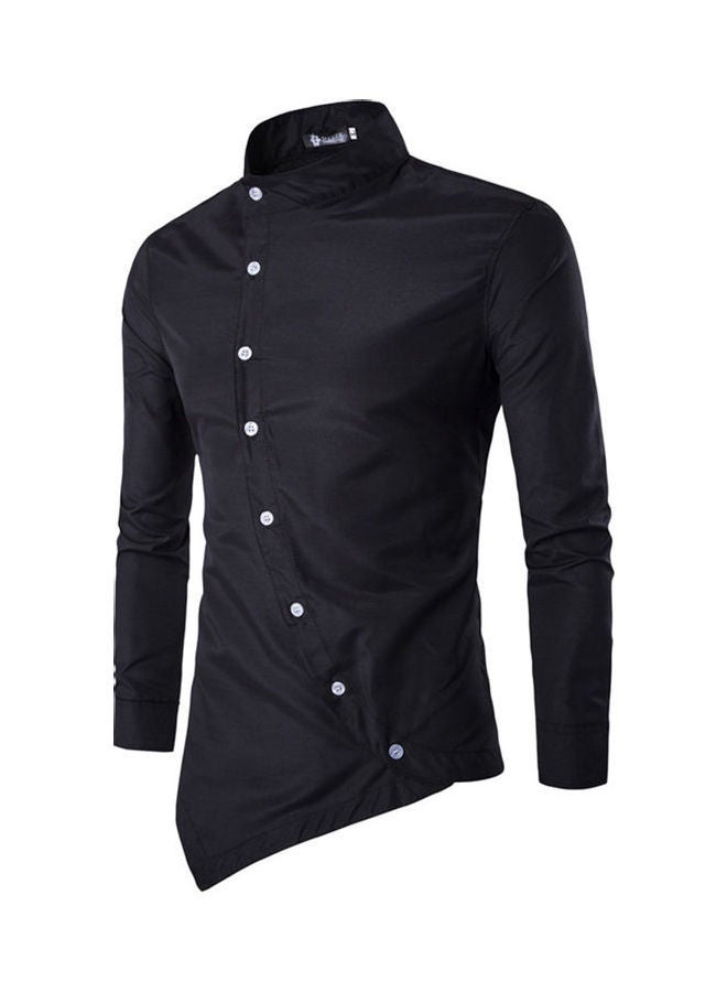 NIBEMINENT Slim Irregular Button Design Solid Shirt Black - Image 1
