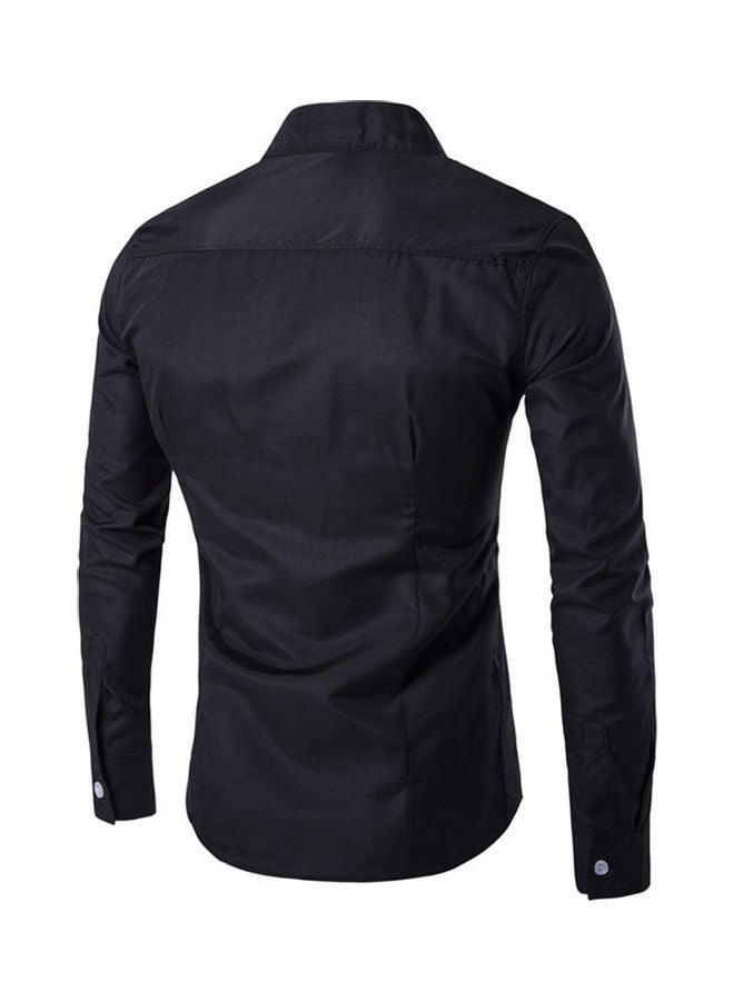 NIBEMINENT Slim Irregular Button Design Solid Shirt Black - Image 2