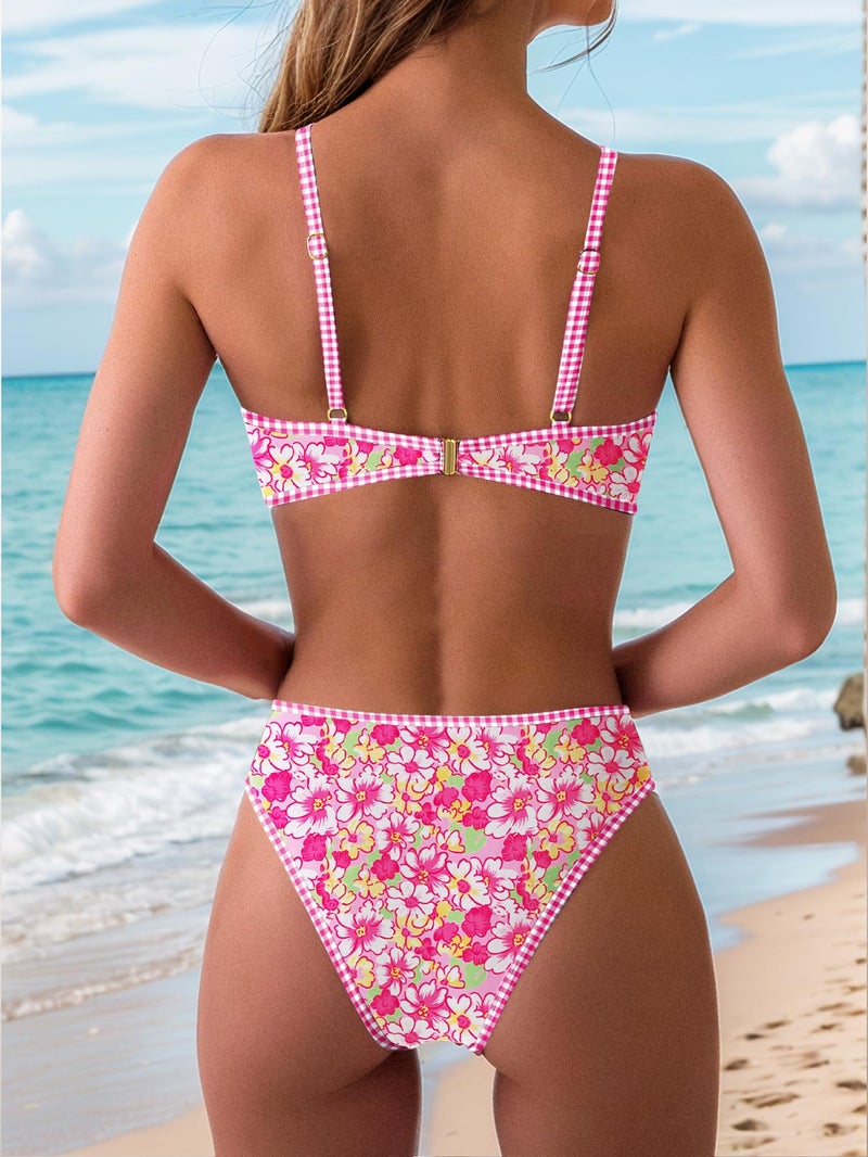 Tainehs Women's Two Piece Bikini Sets O Ring Front Top Ditsy Floral Triangle Swimsuits Cheeky Bathing Suit Pink Flower - Image 3