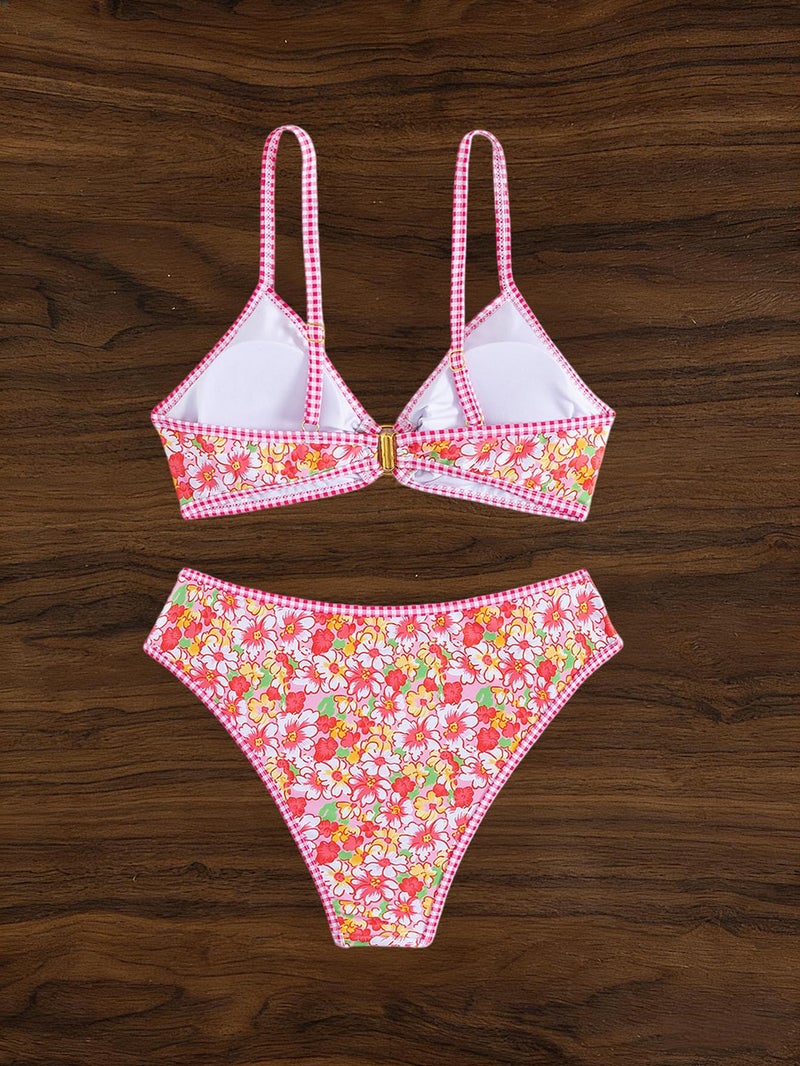 Tainehs Women's Two Piece Bikini Sets O Ring Front Top Ditsy Floral Triangle Swimsuits Cheeky Bathing Suit Pink Flower - Image 5