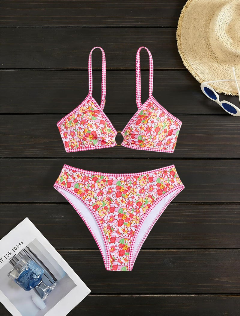 Tainehs Women's Two Piece Bikini Sets O Ring Front Top Ditsy Floral Triangle Swimsuits Cheeky Bathing Suit Pink Flower - Image 4