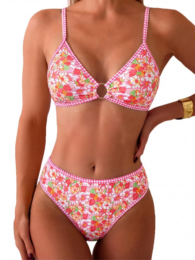 Tainehs Women's Two Piece Bikini Sets O Ring Front Top Ditsy Floral Triangle Swimsuits Cheeky Bathing Suit Pink Flower - Image 1