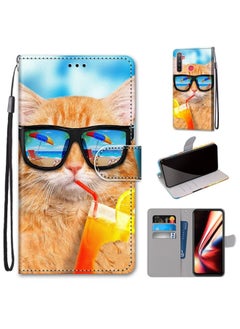 HuHa Case Cover For Realme 5 / 5s / 5i / C3 / C3i / 6i / Narzo10 / 10A / 20A Coloured Drawing Cross Texture Horizontal Flip PU Leather Case with Holder & Card Slots & Wallet & Lanyard Cat Drinking Soda 