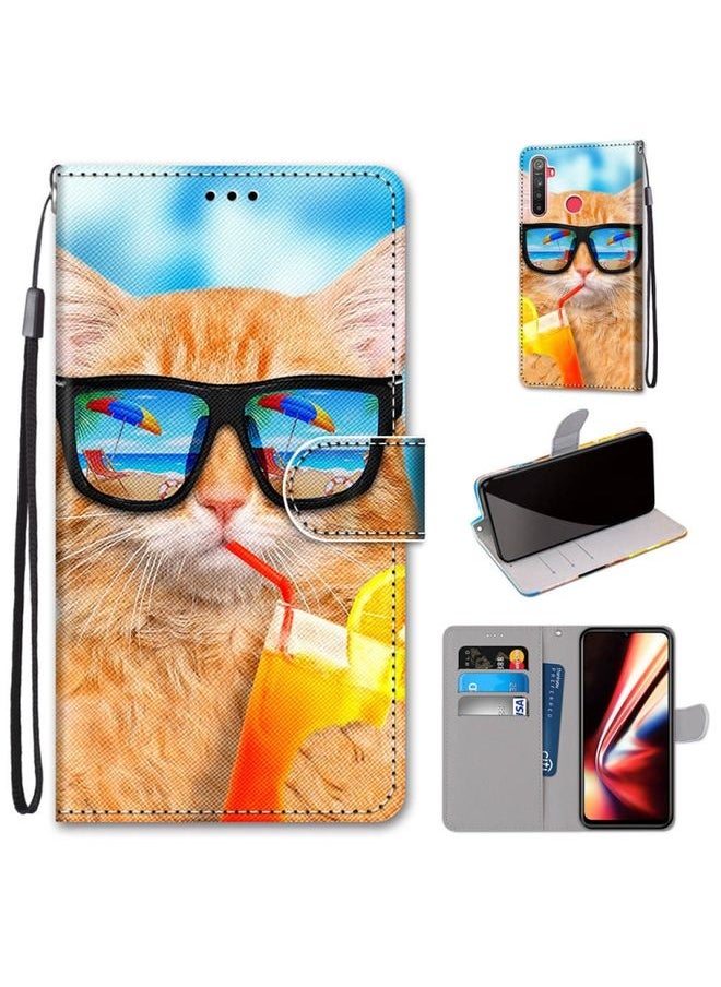 HuHa Case Cover For Realme 5 / 5s / 5i / C3 / C3i / 6i / Narzo10 / 10A / 20A Coloured Drawing Cross Texture Horizontal Flip PU Leather Case with Holder & Card Slots & Wallet & Lanyard Cat Drinking Soda 