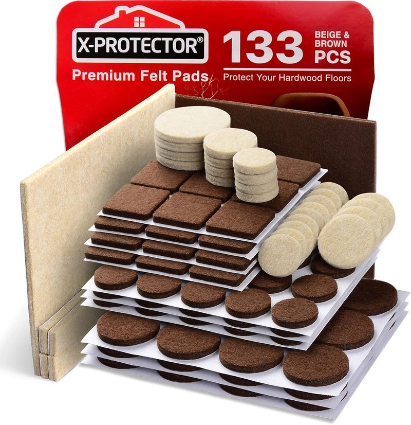 X-Protector Felt Furniture Pads 133 PCS Premium Furniture Pads - Felt Pads Furniture Feet Best Wood Floor Protectors - Protect Your Hardwood & Laminate Flooring! Brown and Beige - Image 1
