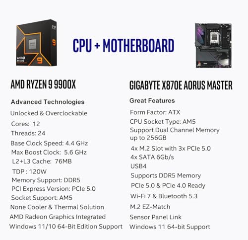 Micro Center AMD Ryzen 9 9900X CPU Processor with GIGABYTE X870E AORUS Master Motherboard (ATX, DDR5, 4X M.2, PCIe 5.0, USB4, WIFI7) - Image 2