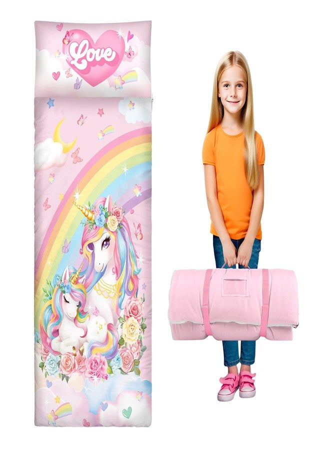 alldomess Toddler Nap Mat Kids Sleeping Bag 59‘’×24‘’, Soft Slumber Bag with Removable Pillow for Kids Girls Boys,Roll Up Sleeping Mat Lightweight for Camping,Daycare, Kindergarden,Unicorn - Image 1