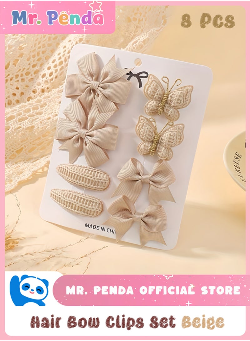 Mr. Penda 8Pcs Baby Girls Hair Bow Clips Set Set, Beige Bow & Butterfly Hair Clips, Cute Princess Girls Headwear for Kids, Toddler Hair Bows Set for Birthday, Party, Daily Wear - Image 1