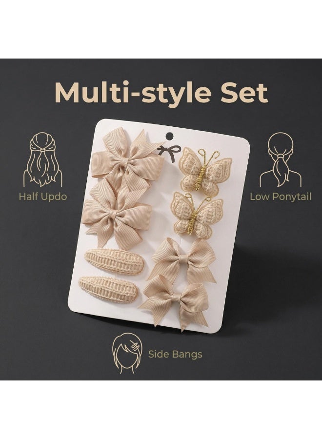 Mr. Penda 8Pcs Baby Girls Hair Bow Clips Set Set, Beige Bow & Butterfly Hair Clips, Cute Princess Girls Headwear for Kids, Toddler Hair Bows Set for Birthday, Party, Daily Wear - Image 3