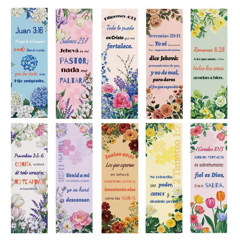 Zhirlyn 100 Spanish Bible Verse Bookmarks, 10 Inspirational Scripture Designs â€“ Double-Sided Christian Bookmarks for Women Men, Religious Gifts for Book Lovers, Church, Prayer & Study (Spanish Bible) - Image 1