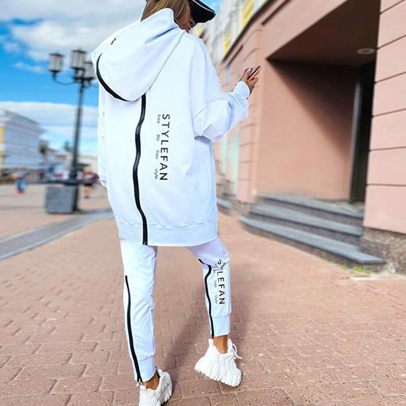 2022 Fashion Womens Zipper Hoodie  Pants Set White 