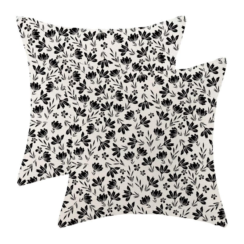 AEIOAE Vintage Daisy Floral Pillow Covers 18x18 Inch Set of 2  Cute Small Black Flowers Decorative Outdoor Throw Pillows Farmhouse Linen Floral Pillow Case for Sofa Couch Decor - Image 1