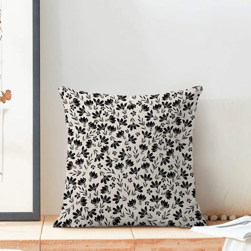 AEIOAE Vintage Daisy Floral Pillow Covers 18x18 Inch Set of 2  Cute Small Black Flowers Decorative Outdoor Throw Pillows Farmhouse Linen Floral Pillow Case for Sofa Couch Decor - Image 3