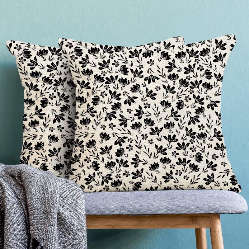 AEIOAE Vintage Daisy Floral Pillow Covers 18x18 Inch Set of 2  Cute Small Black Flowers Decorative Outdoor Throw Pillows Farmhouse Linen Floral Pillow Case for Sofa Couch Decor - Image 4