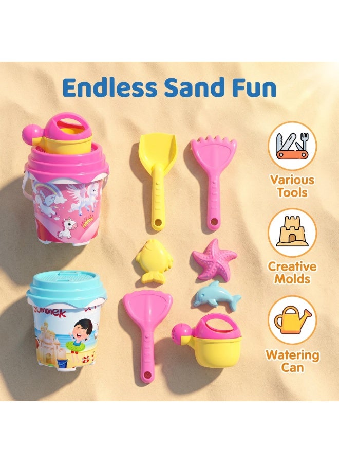 EASY FUTURE Beach Sand Toys Set Printed Bucket Sand Toys Complete Digging Shovel Rake Animal Molds Watering Can Smooth Edge Outdoor Backyard Sandbox Pretend Sand Building Play Kit NO.1901 - Image 3