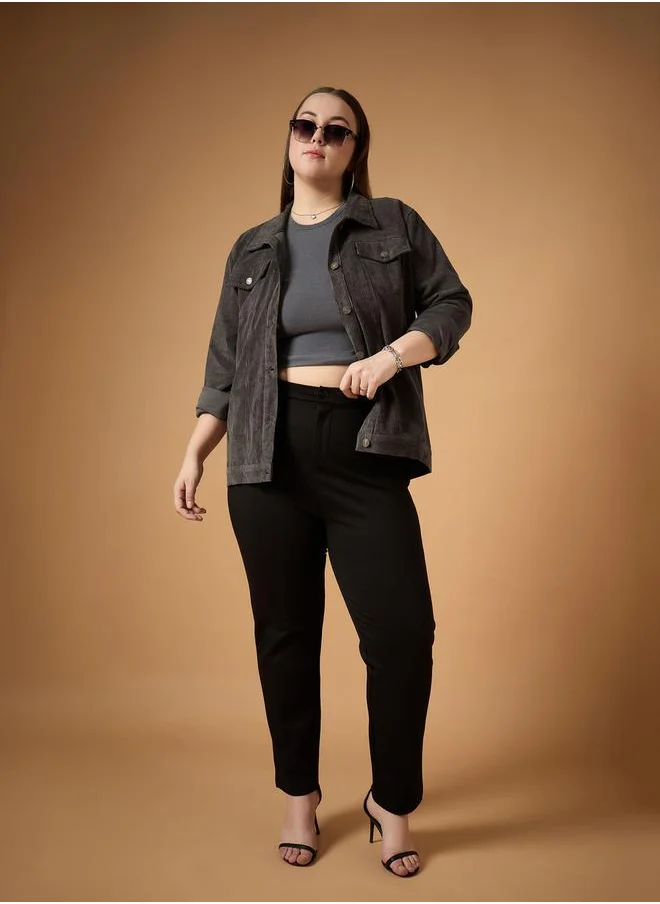 ساسافراس Plus Size Front Button Corduroy Jacket