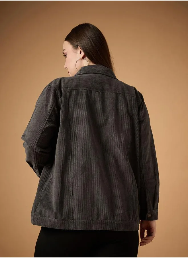 SASSAFRAS Plus Size Front Button Corduroy Jacket by Styli