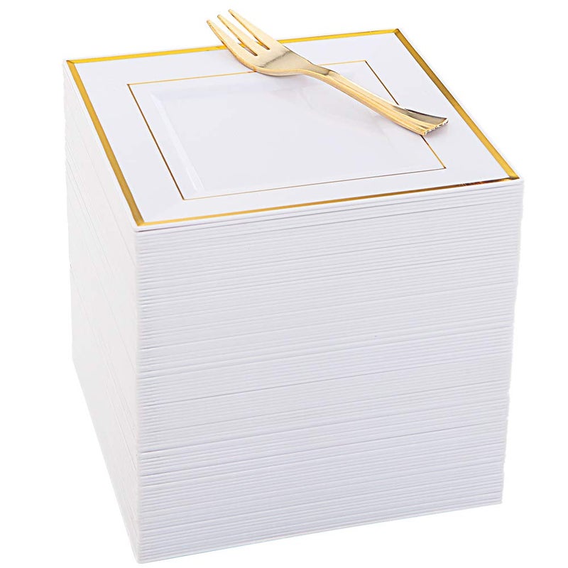 WDF 200PCS Gold Plastic Dessert Plates with Plastic Forks 6 100 Square Disposable Appetizer Plates Small Plate Cake Plate 100 Gold Small Appetizer Forks for Daily UsingFathers Day